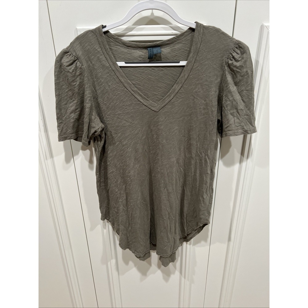 Left Of Center Olive Green Tunic T Shirt V Neck Round Raw Hem Cotton USA Boho
